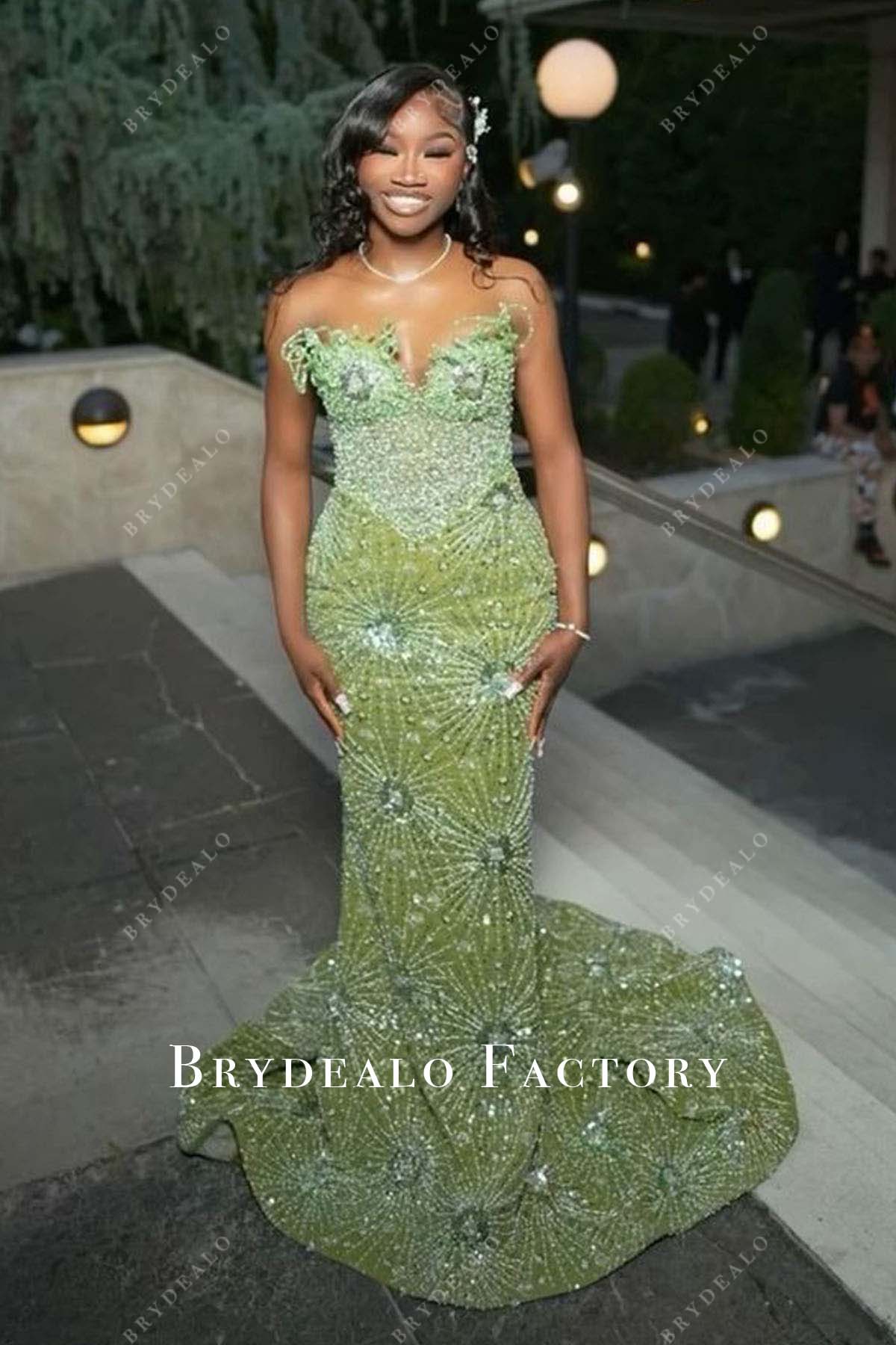 rhinestones green mermaid prom dress