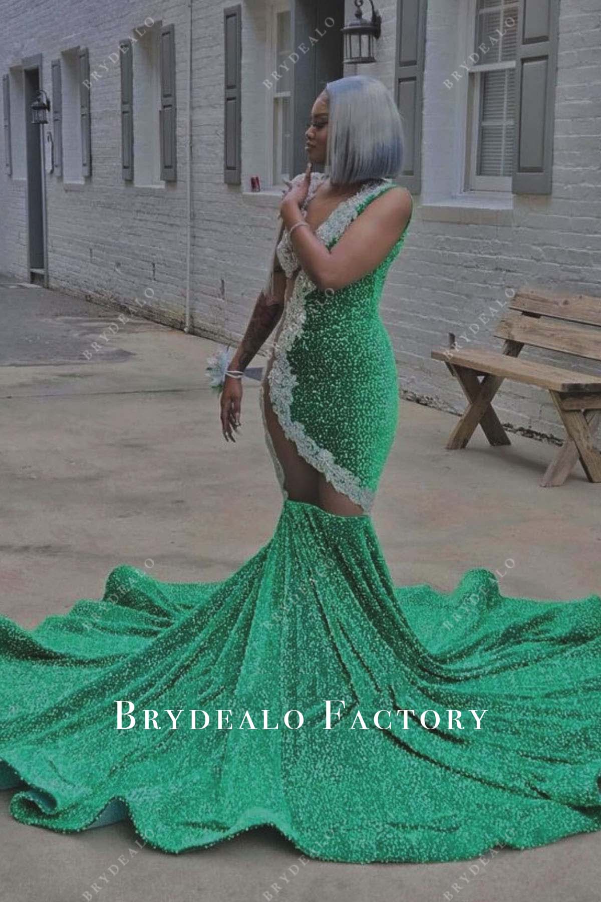 rhinestones green sequined trumpet prom dress