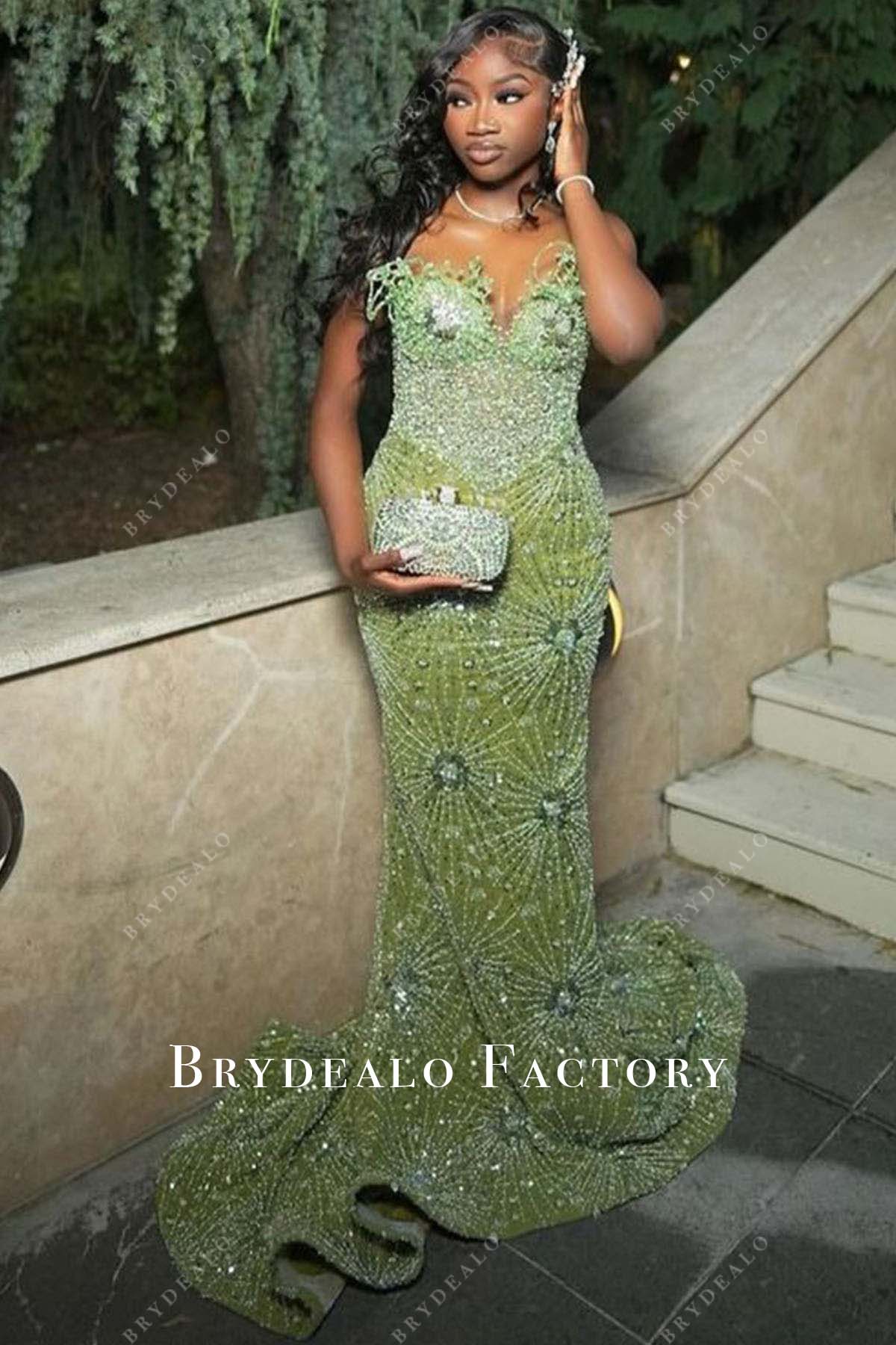 rhinestones green strapless prom dress