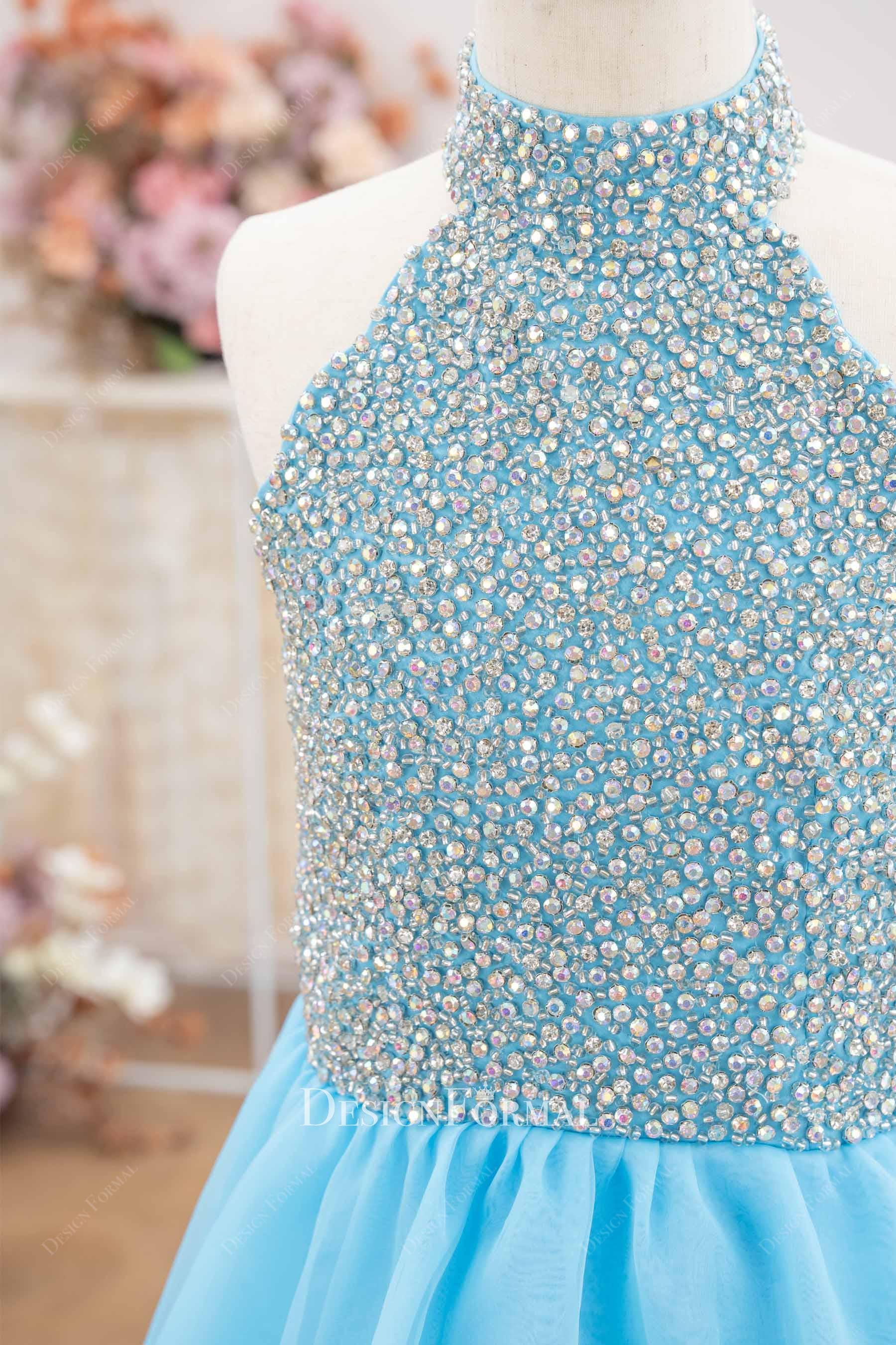 rhinestones high neck bodice pageant dress