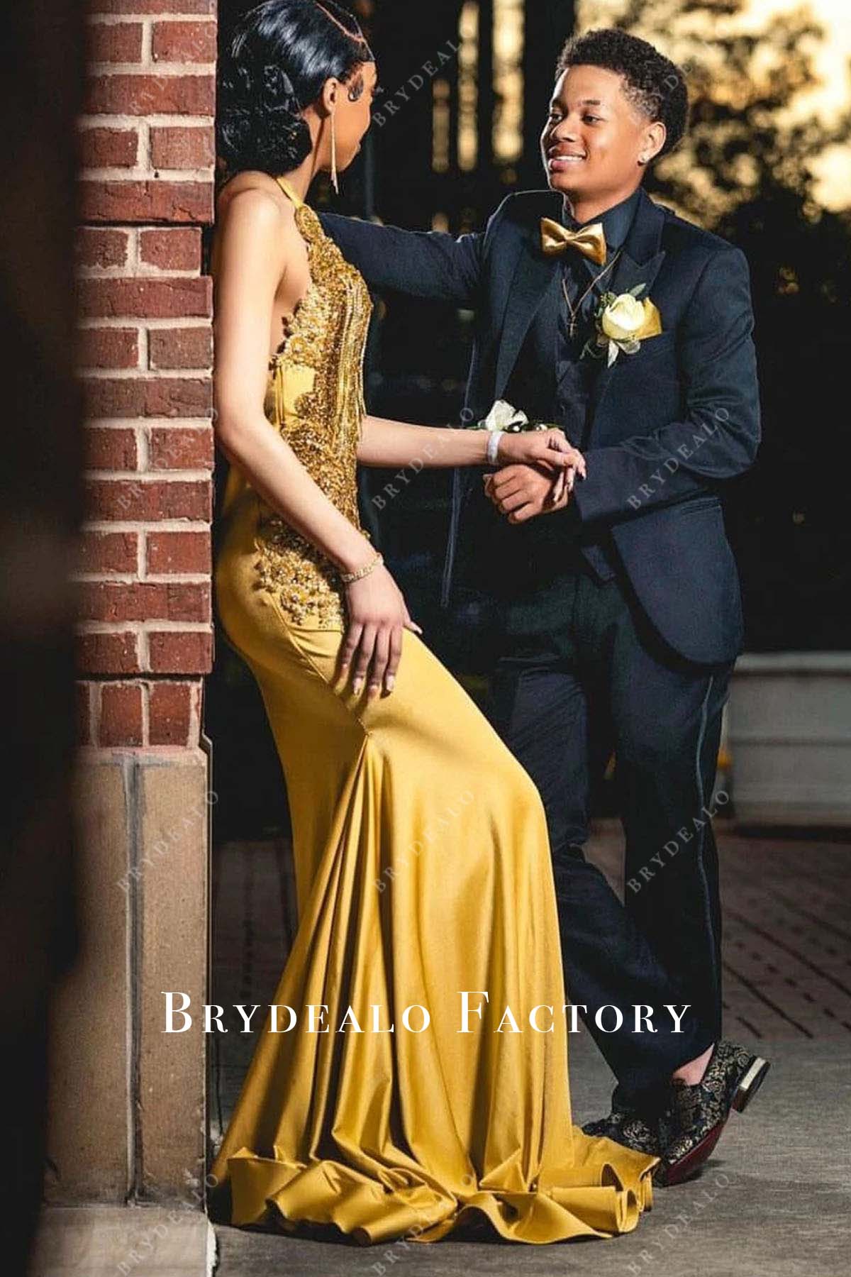 rhinestones horsehair gold prom dress