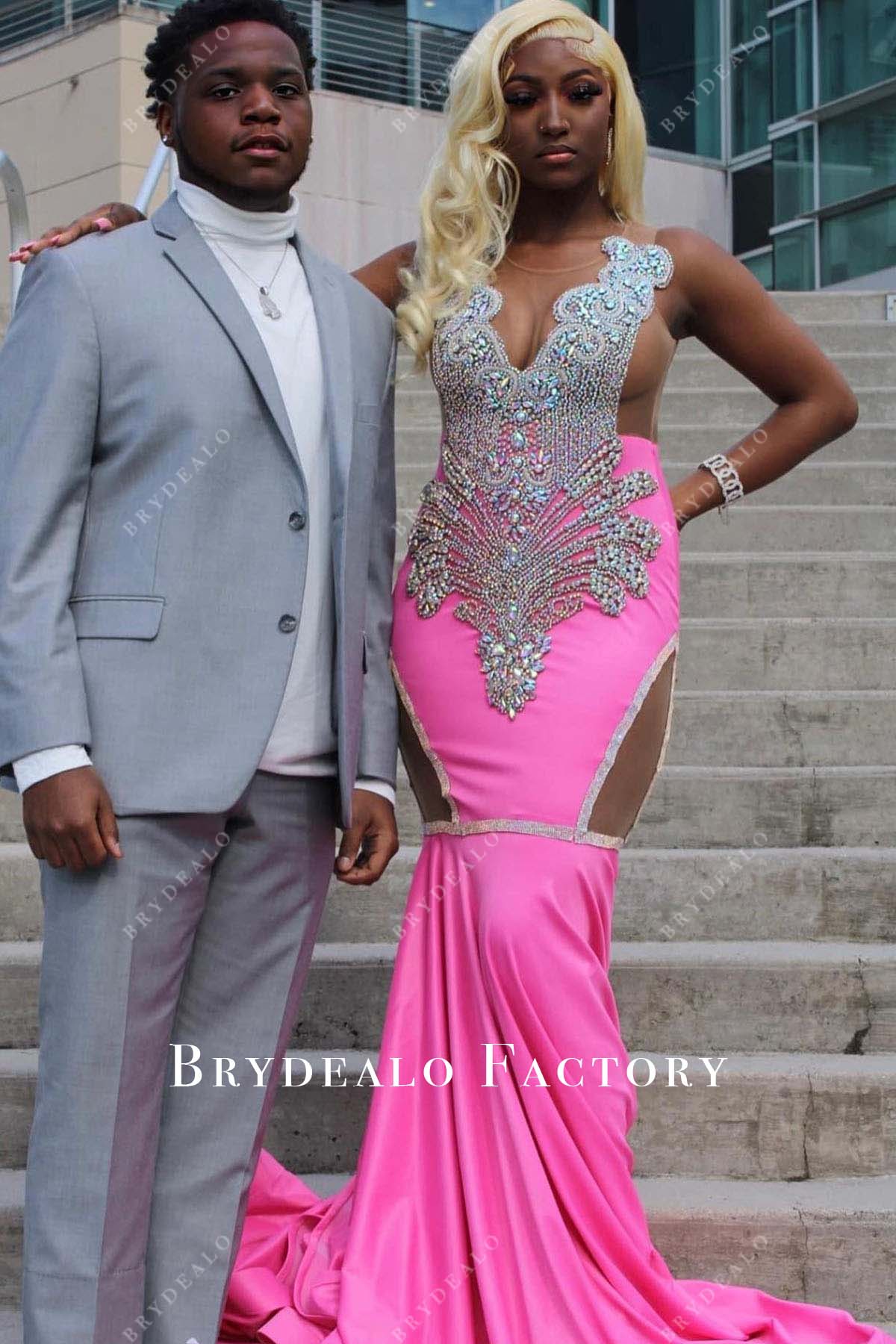 rhinestones hot pink trumpet prom dress