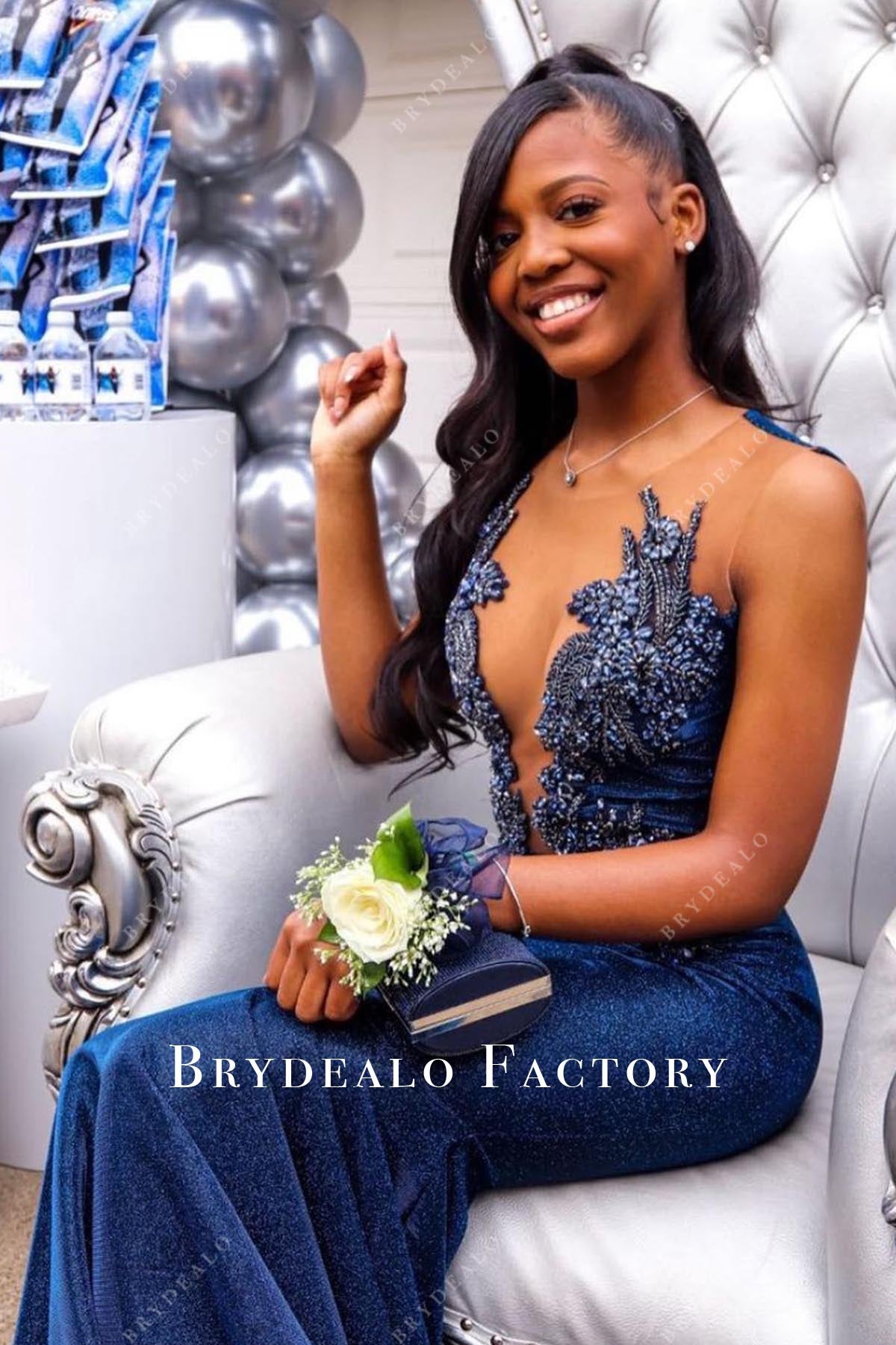 rhinestones illusion neck trumpet prom dress