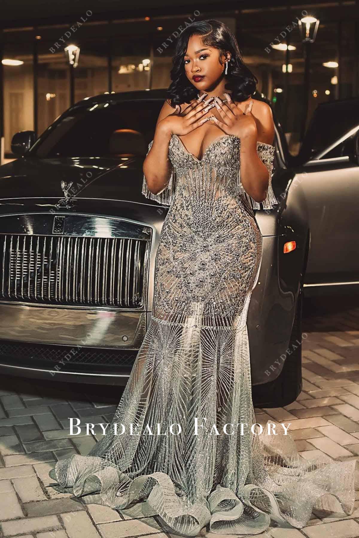 rhinestones illusion trumpet prom dress