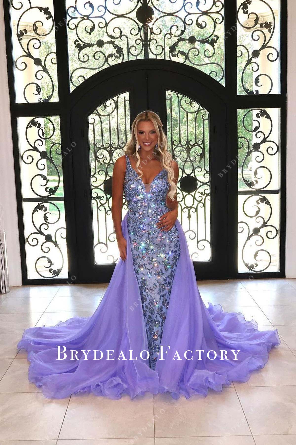 rhinestones lilac mermaid with overskirt homecoming dress