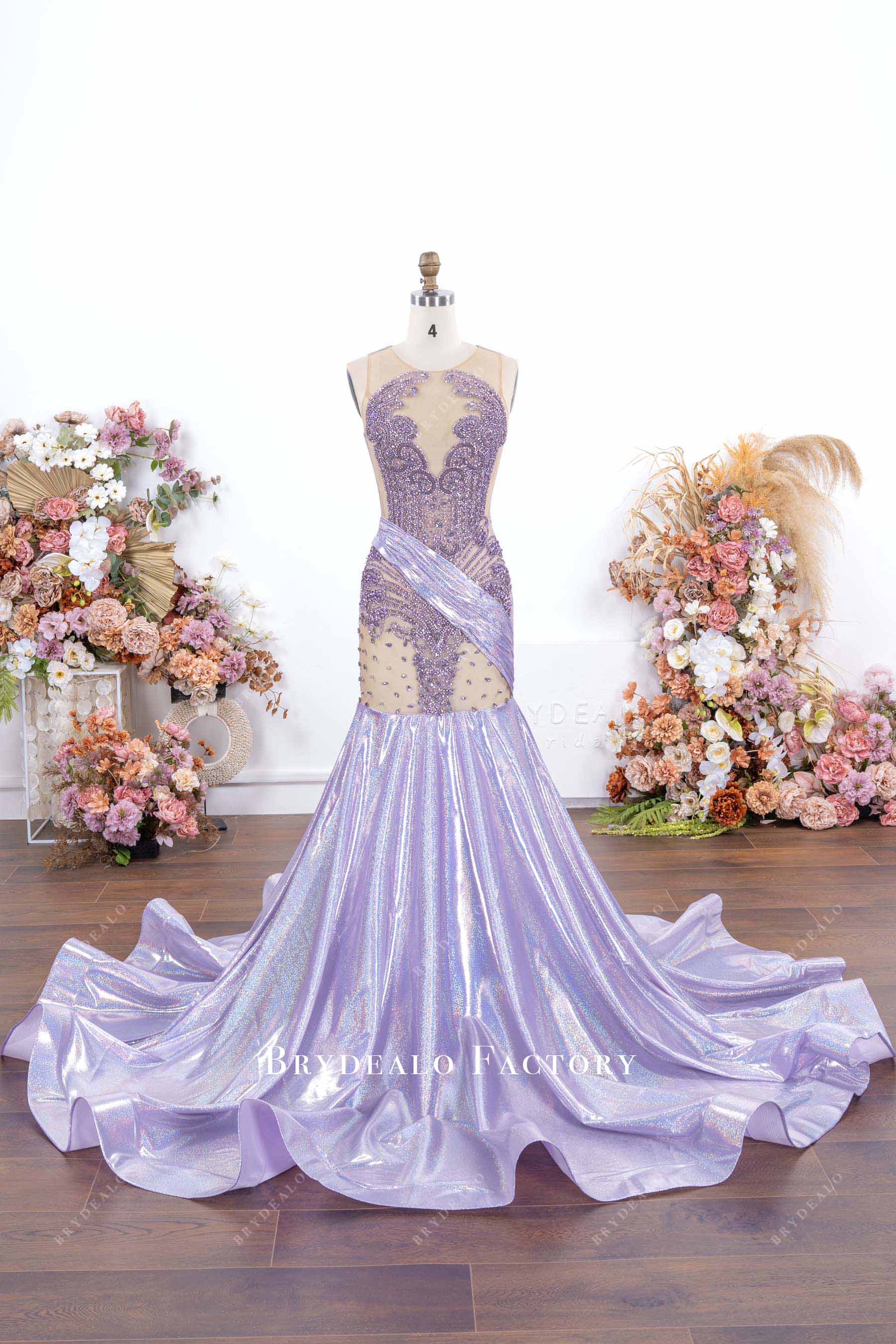 rhinestones lilac trumpet prom dress