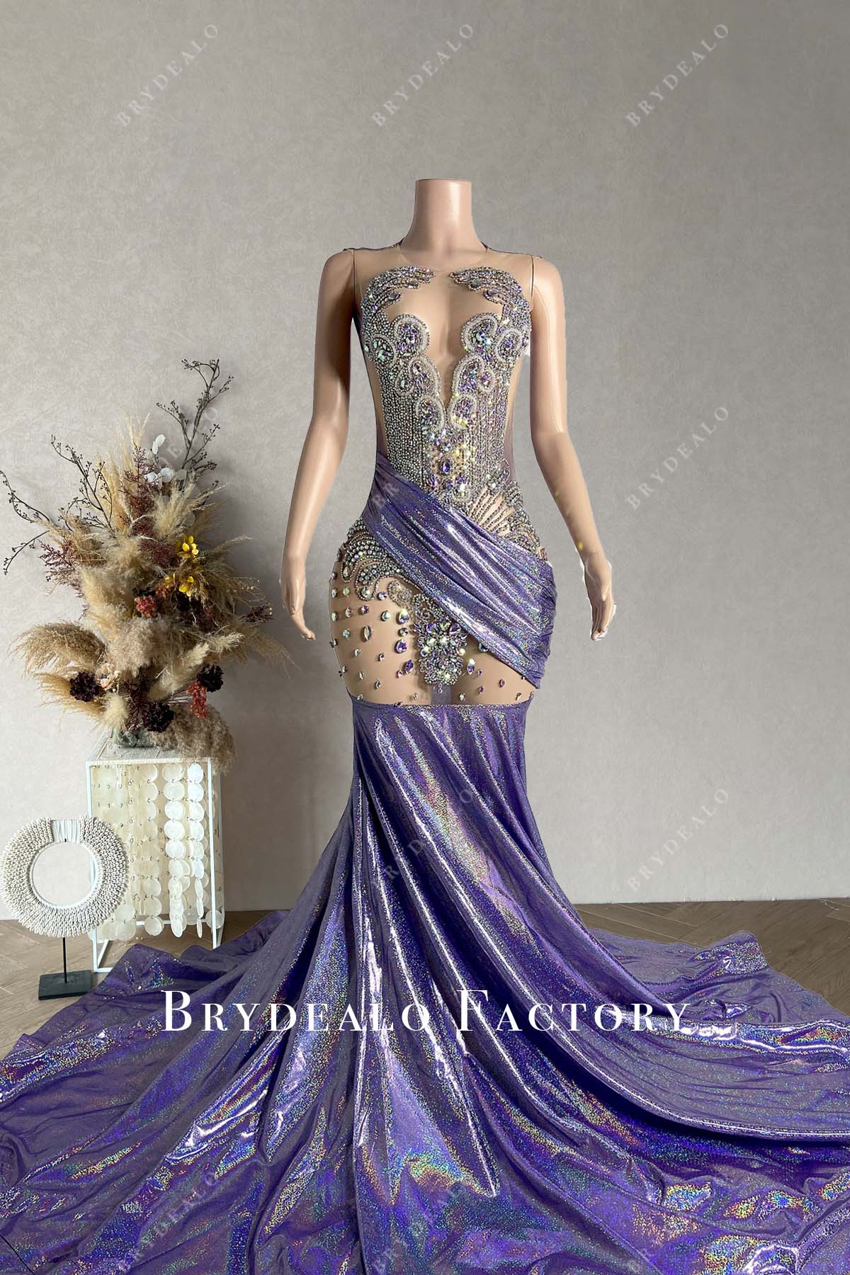 Rhinestones Purple Glitter Mermaid Long Train Prom Dress