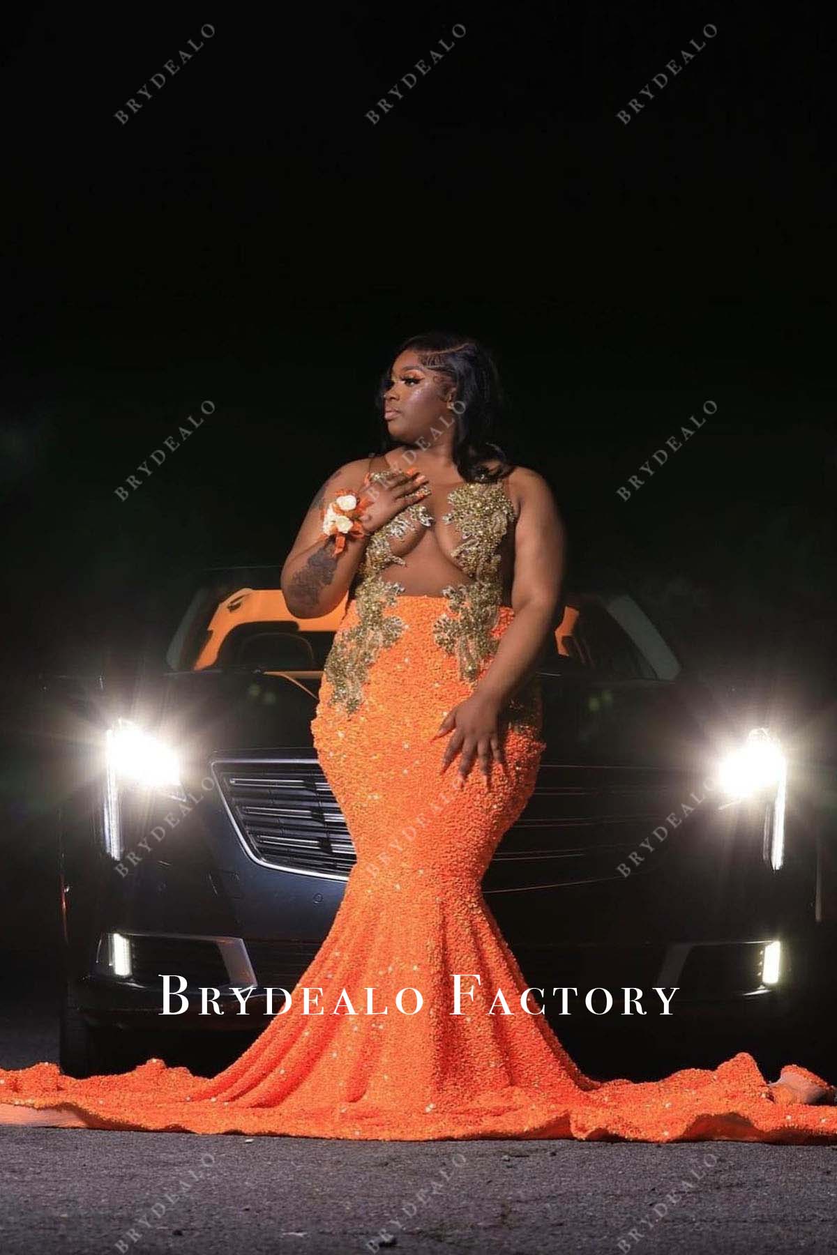 rhinestones orange sequined trumpet prom dress