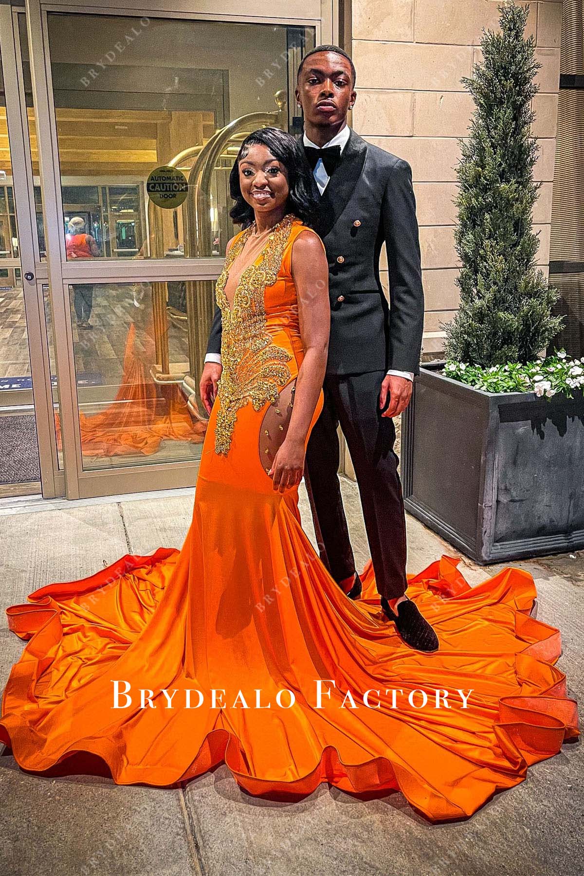 rhinestones orange trumpet long train prom dress