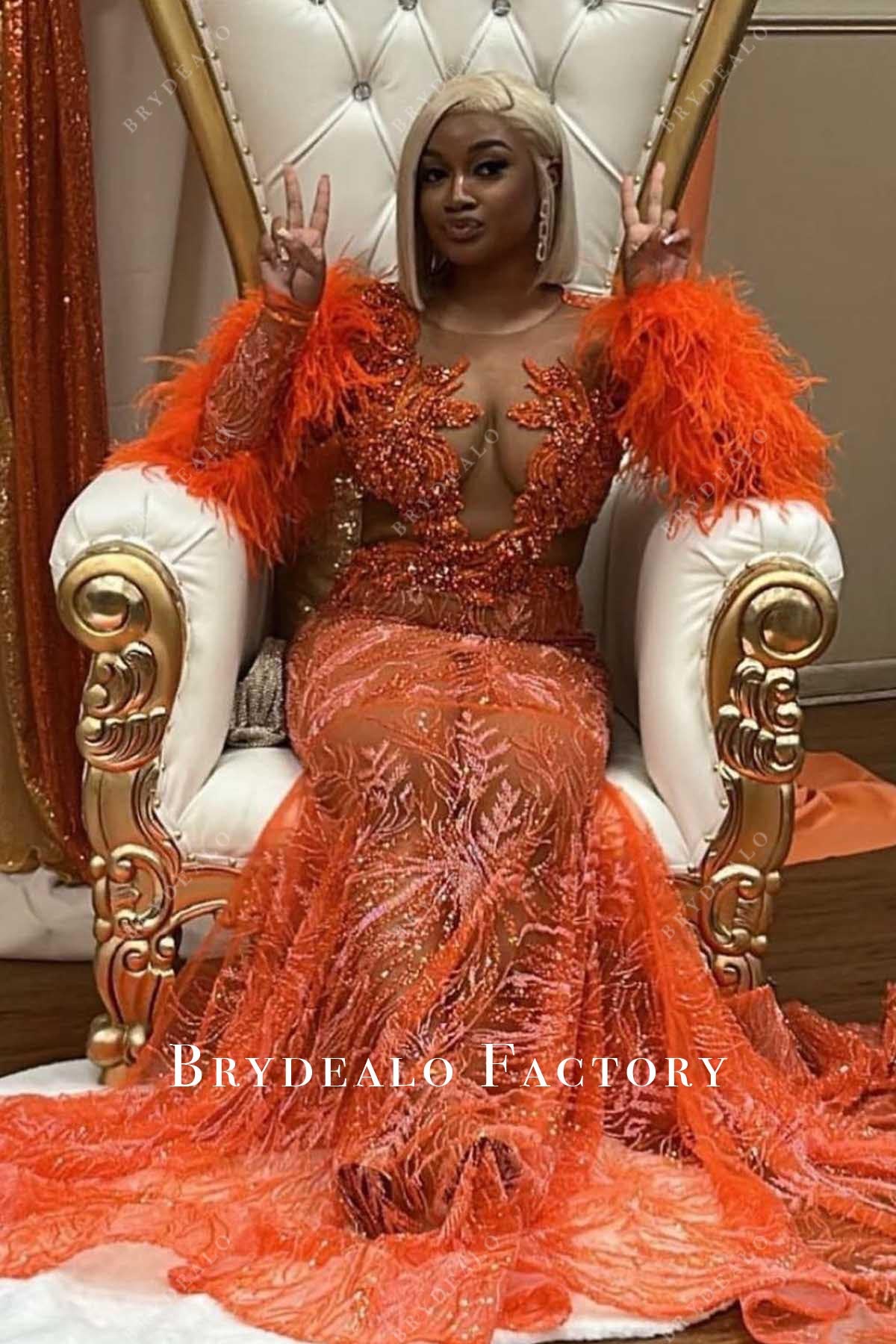 rhinestones orange trumpet prom dress