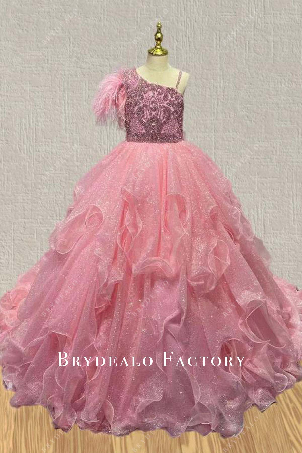 rhinestones peach feathered pageant dress