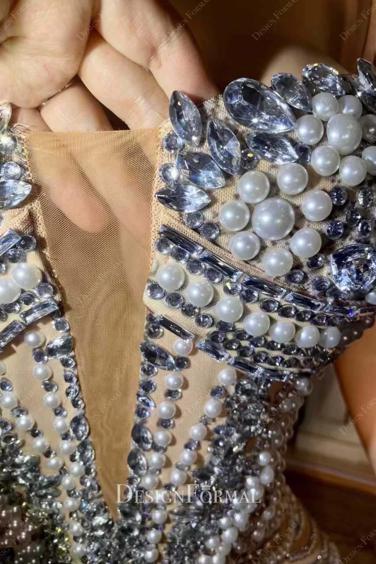 rhinestones pearls strapless prom dress