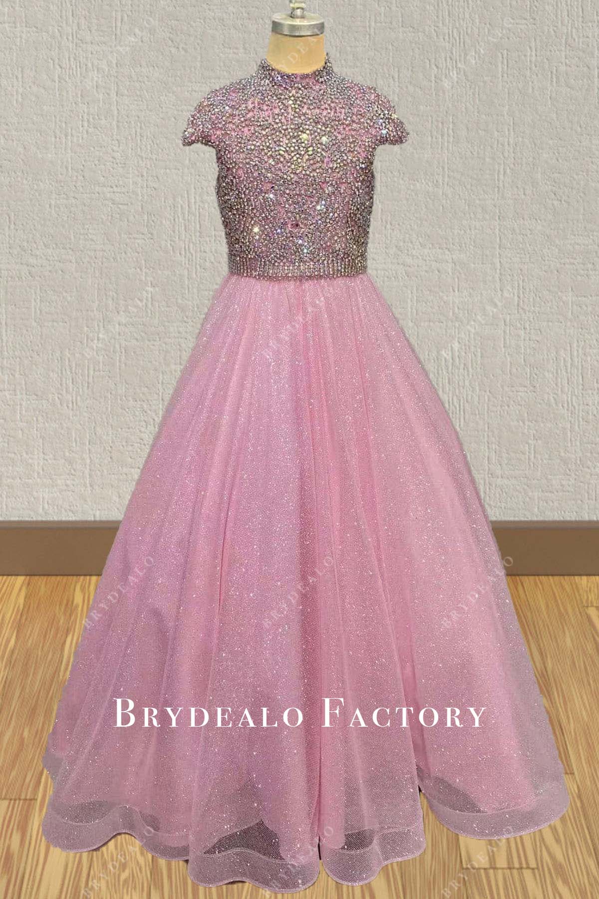 rhinestones pink a line pageant dress