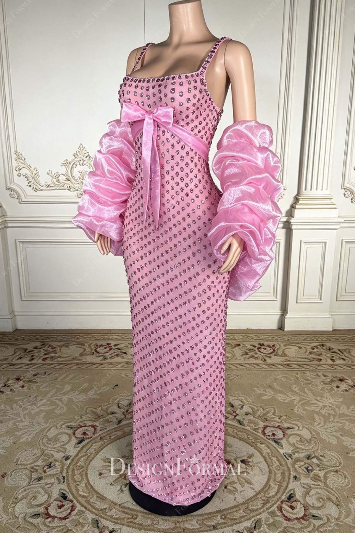 rhinestones pink bowknot prom dress