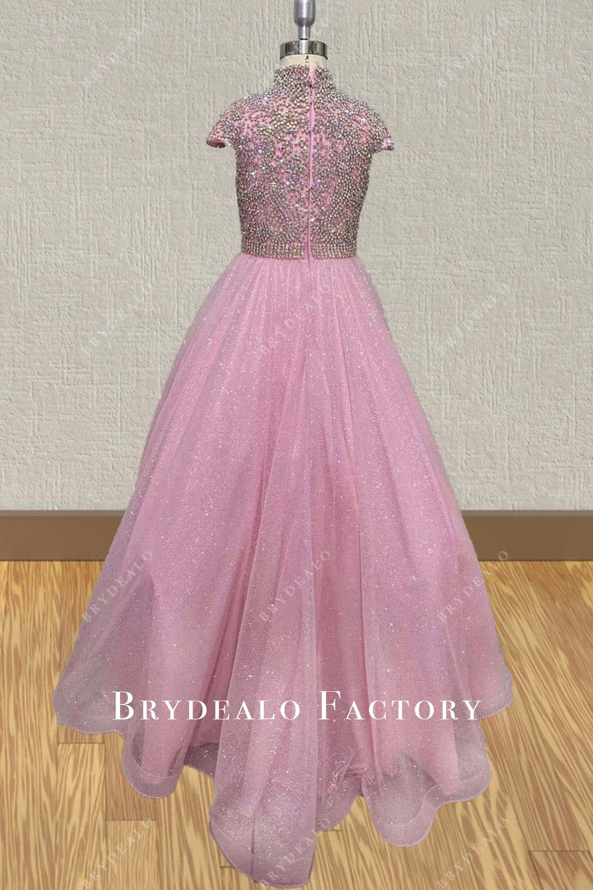 rhinestones pink cap sleeves pageant dress