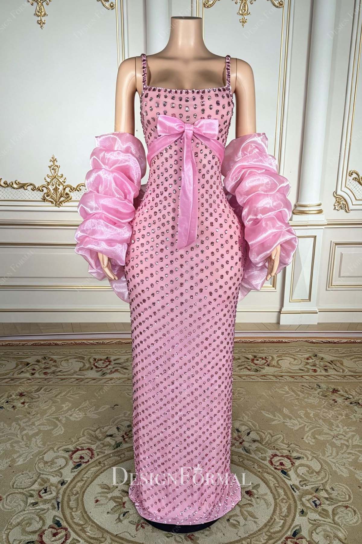 rhinestones pink column prom dress
