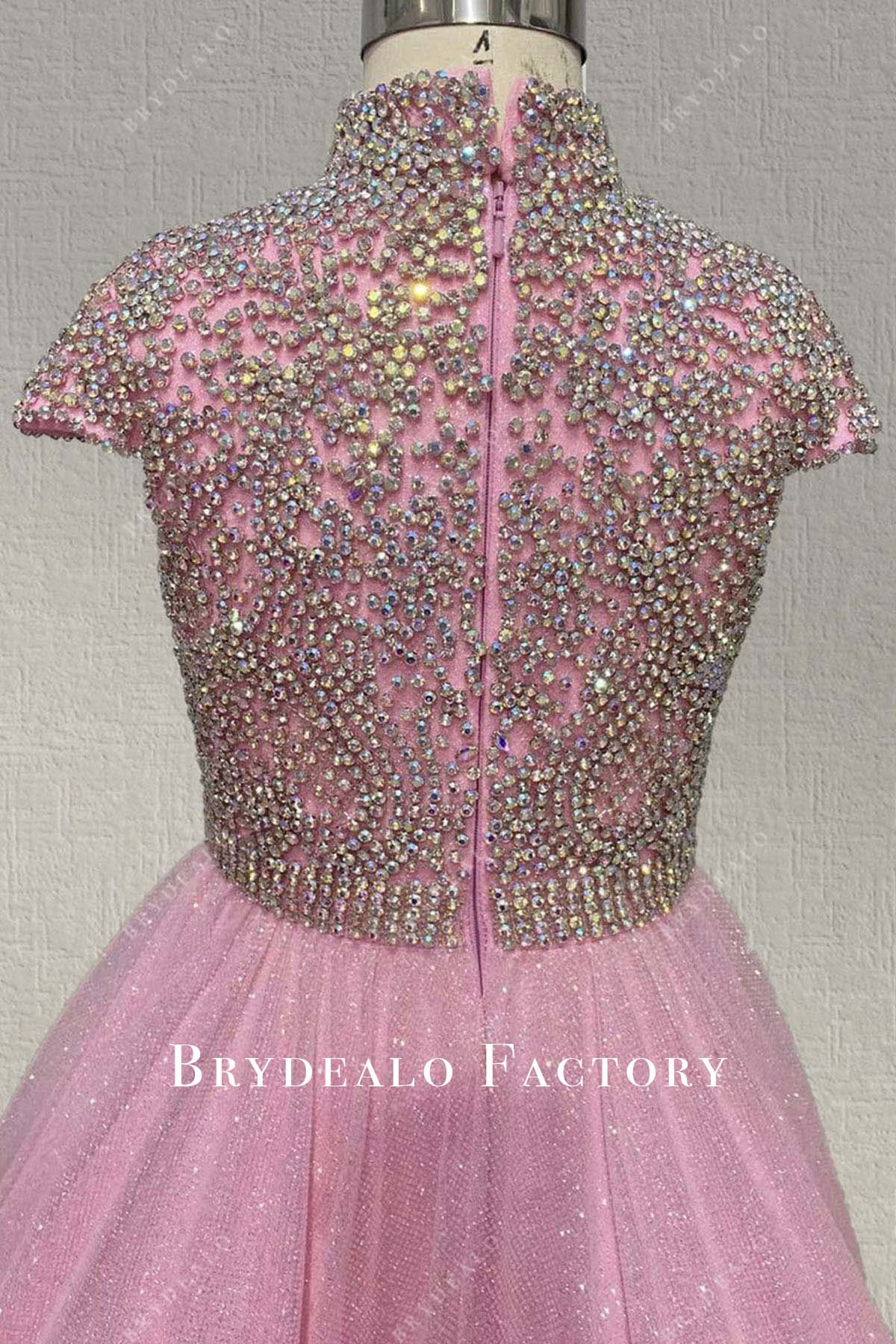 rhinestones pink high neck pageant dress