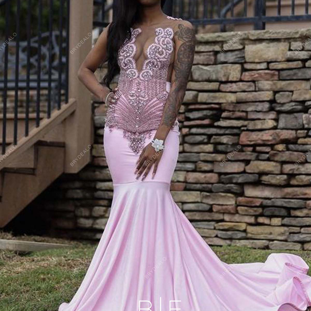 Glitter Custom Jersey Dresses Rhinestones Pink Sleeveless Plunging Stretchy Mermaid Prom Dress Glitter Custom Jersey Dresses Rhinestones Pink Sleeveless Plunging Stretchy Mermaid Prom Dress