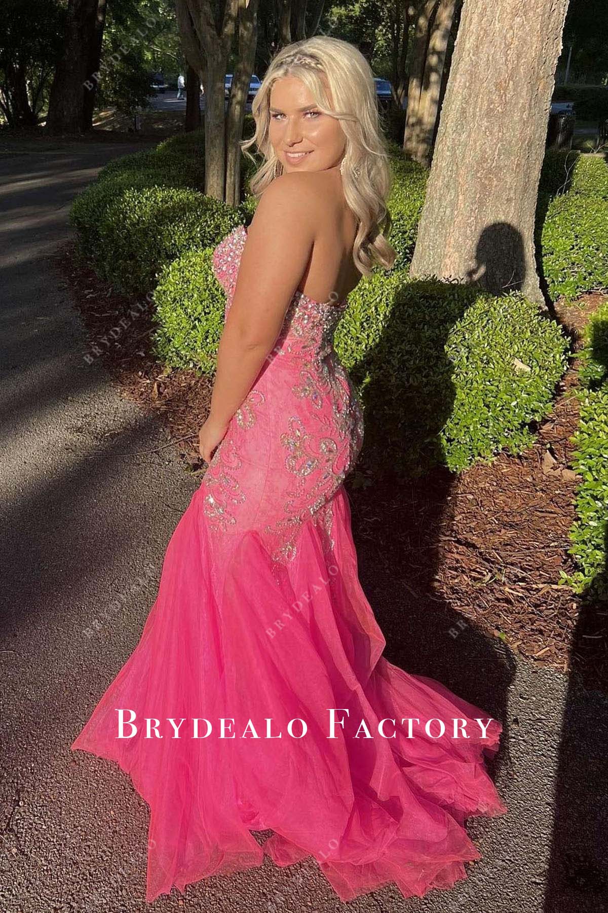 rhinestones pink open back mermaid homecoming dress