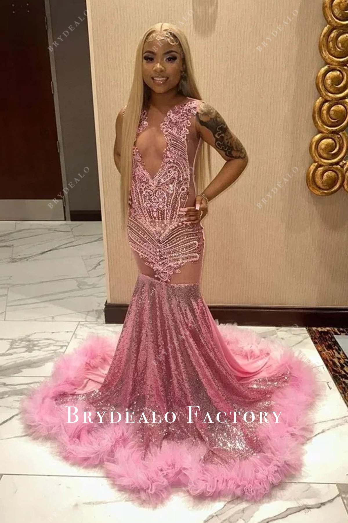 rhinestones pink sequin mermaid prom dress