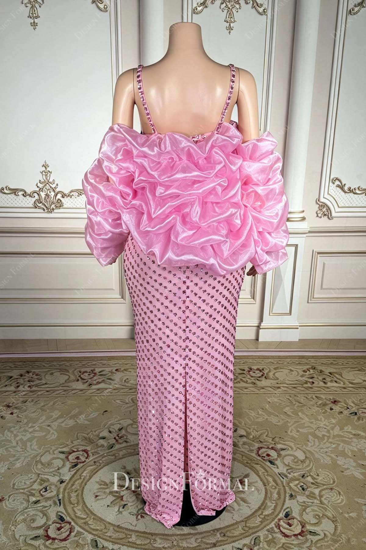 rhinestones pink split floor length prom dress