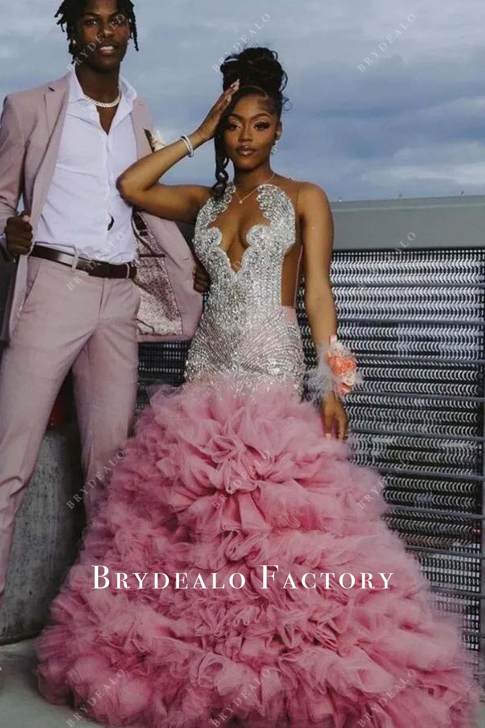 Sparkly Rhinestones Ruffled Pink Tulle Trumpet Floor Length Prom Dress