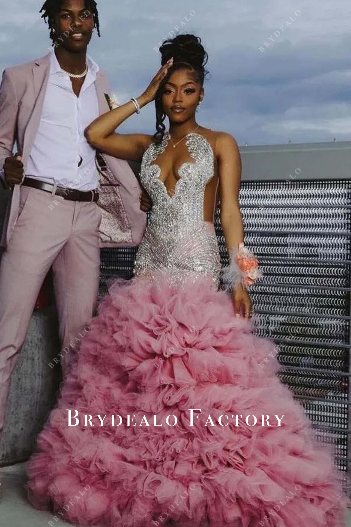 rhinestones pink trumpet  prom dress 