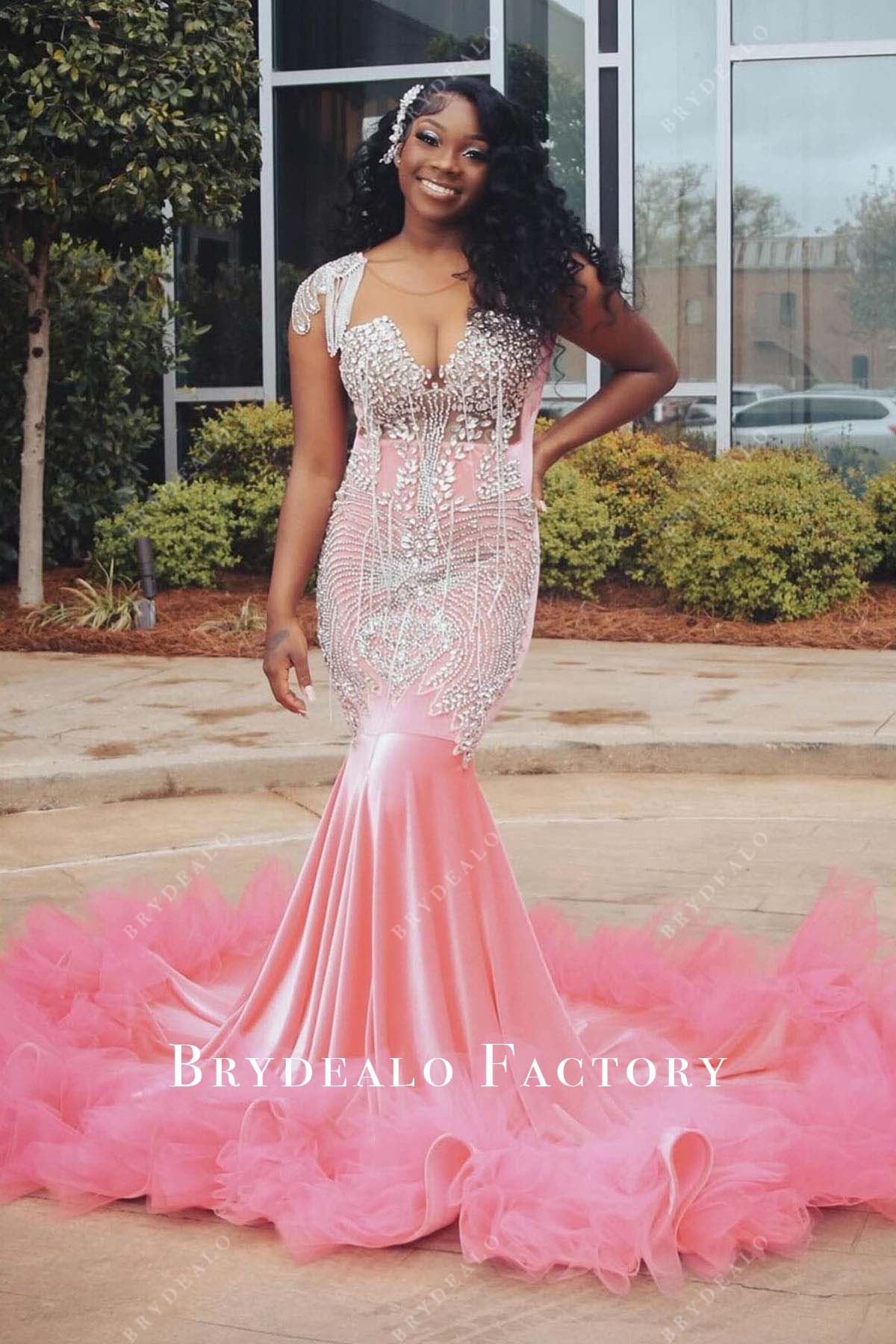 rhinestones pink trumpet prom dress