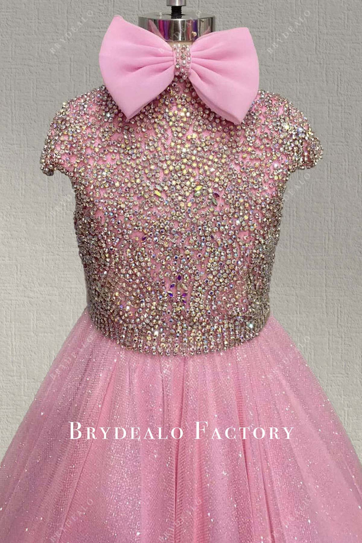 rhinestones pink with bow pageant dress