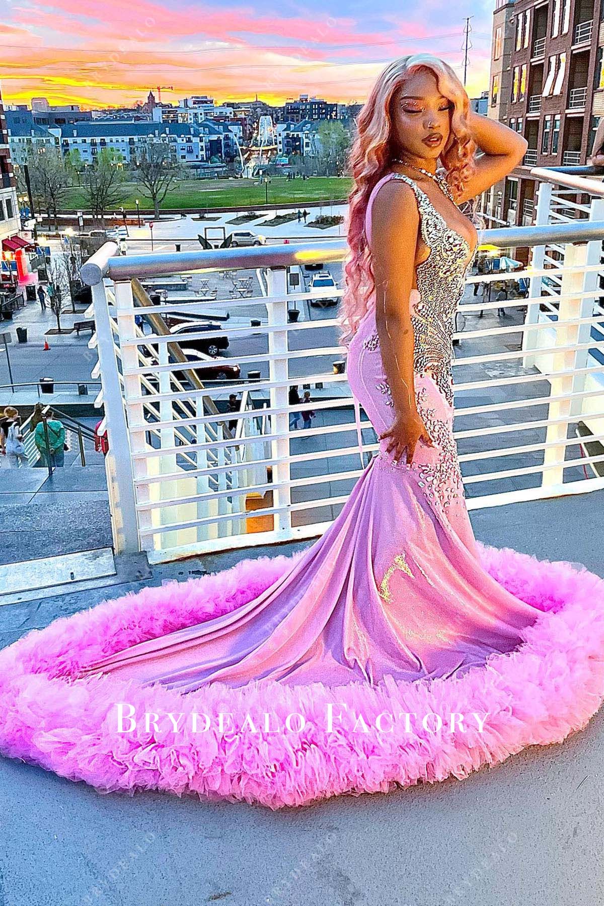 rhinestones plunging neck trumpet prom dress