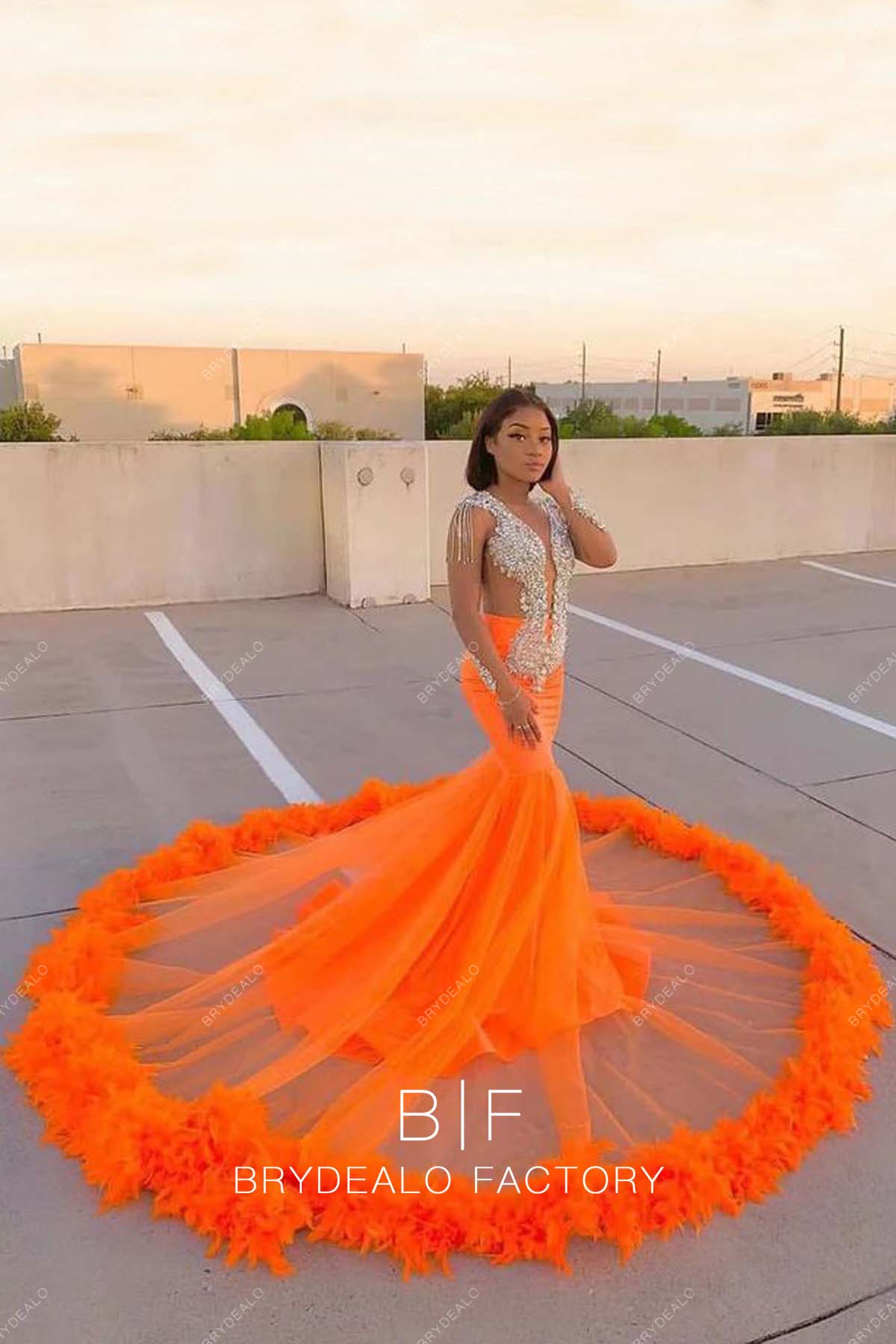 Orange Feathered Trumpet Long Train Prom Dress