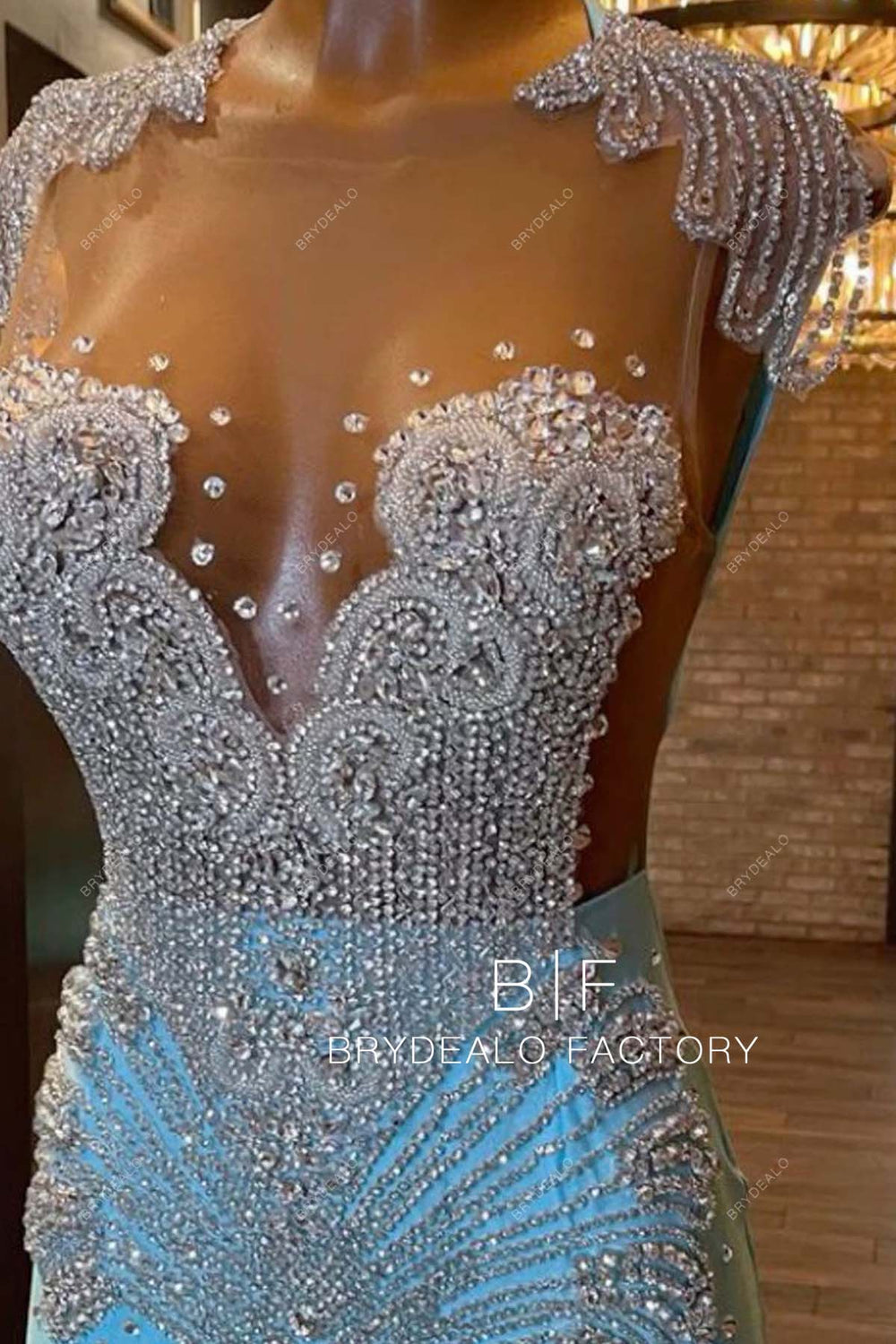Rhinestones Pool Blue Spandex Knit Mermaid Long Train Prom Dress
