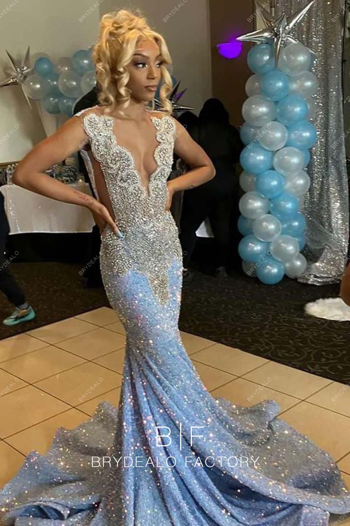 Sparkly Sequin Rhinestone Plunging Mermaid Prom Dress