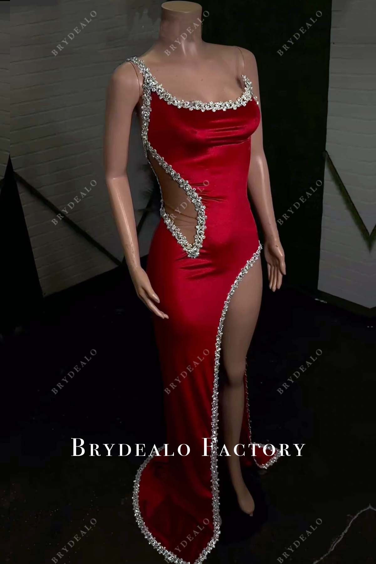 Rhinestones One Shoulder Slit Red Prom Dress