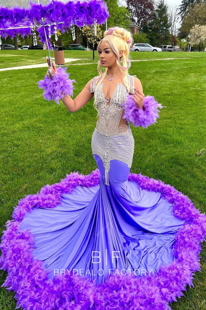 Rhinestones Purple Spandex Knit Feathers Long Train Mermaid Prom Dress