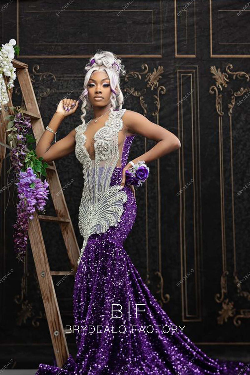 Sparkly Rhinestones Plunging Neck Purple Sequin Mermaid Prom Dress
