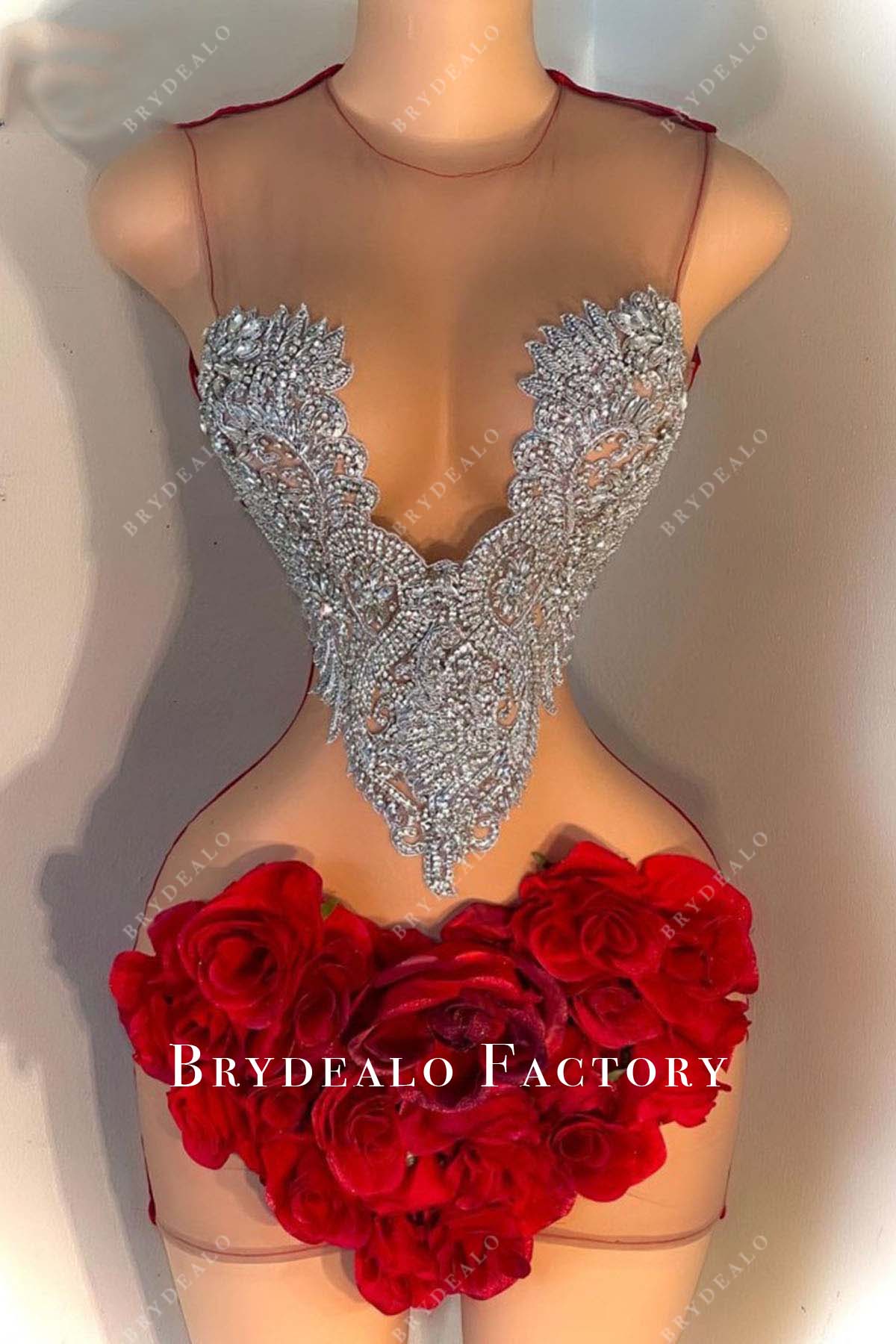 rhinestones red 3d roses prom dress