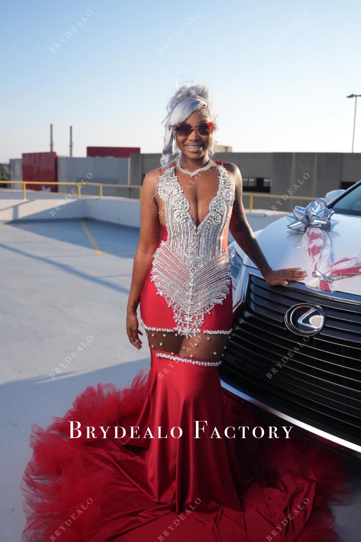 rhinestones red court train prom dress