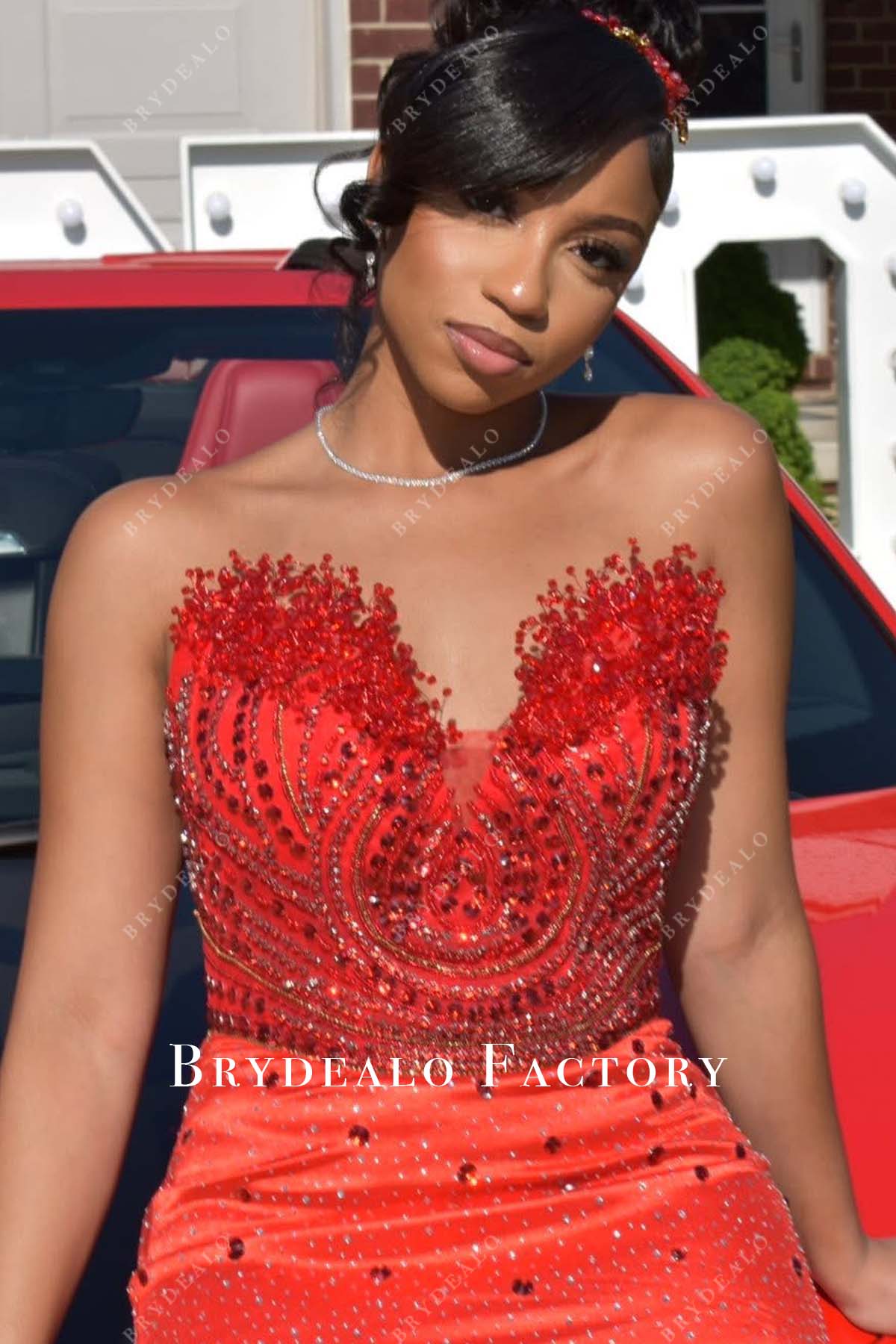 rhinestones red crystals strapless prom dress