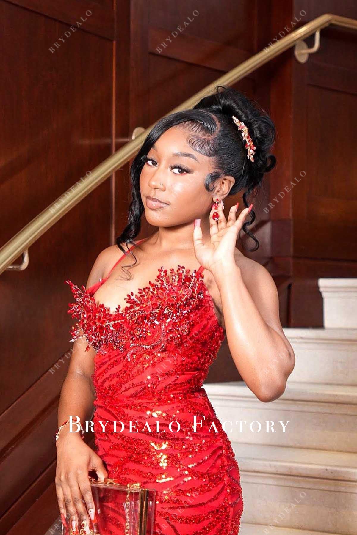 rhinestones red prom dress