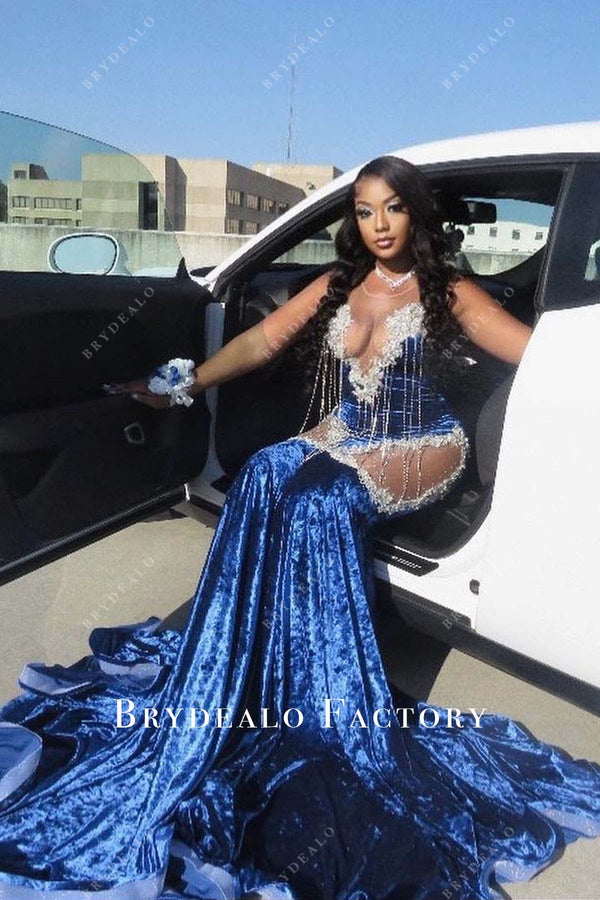 Satin Draped Trumpet Dress with Beaded Trim Royal Blue main image 1