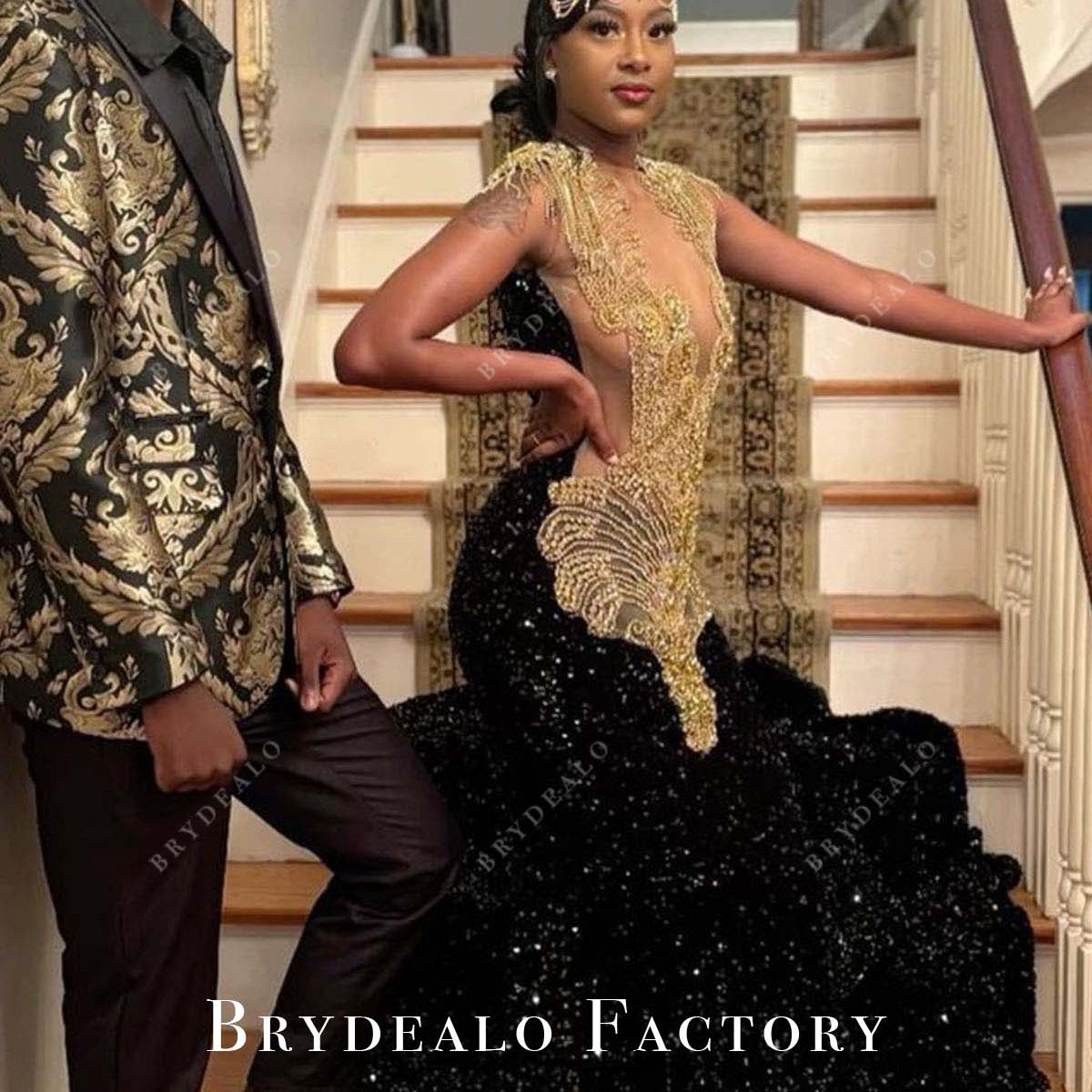 Gold Rhinestones Black Sequined Trumpet Prom Dress Gold Rhinestones Black Sequined Trumpet Prom Dress