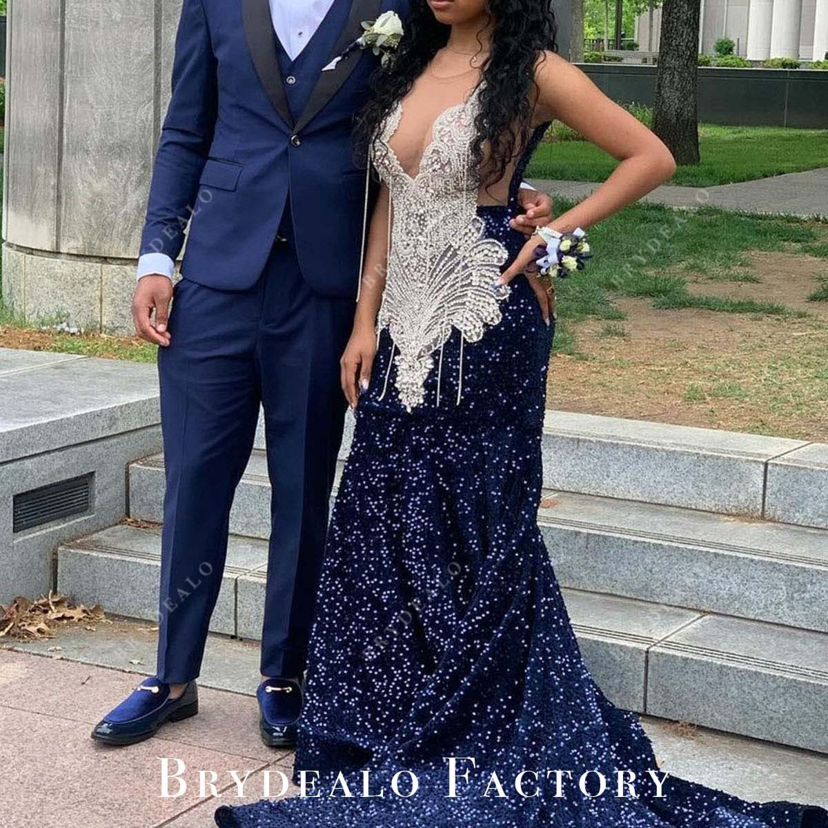 navy blue prom dress and grey tux Senior Prom WOW Dress ! Kaymbria Boice @bria_boice wore this gorgeous dusty blue beaded gown with removable skirt for an amazing second look. Kaymbria you looked Absolutely Amazing! Thank you for always