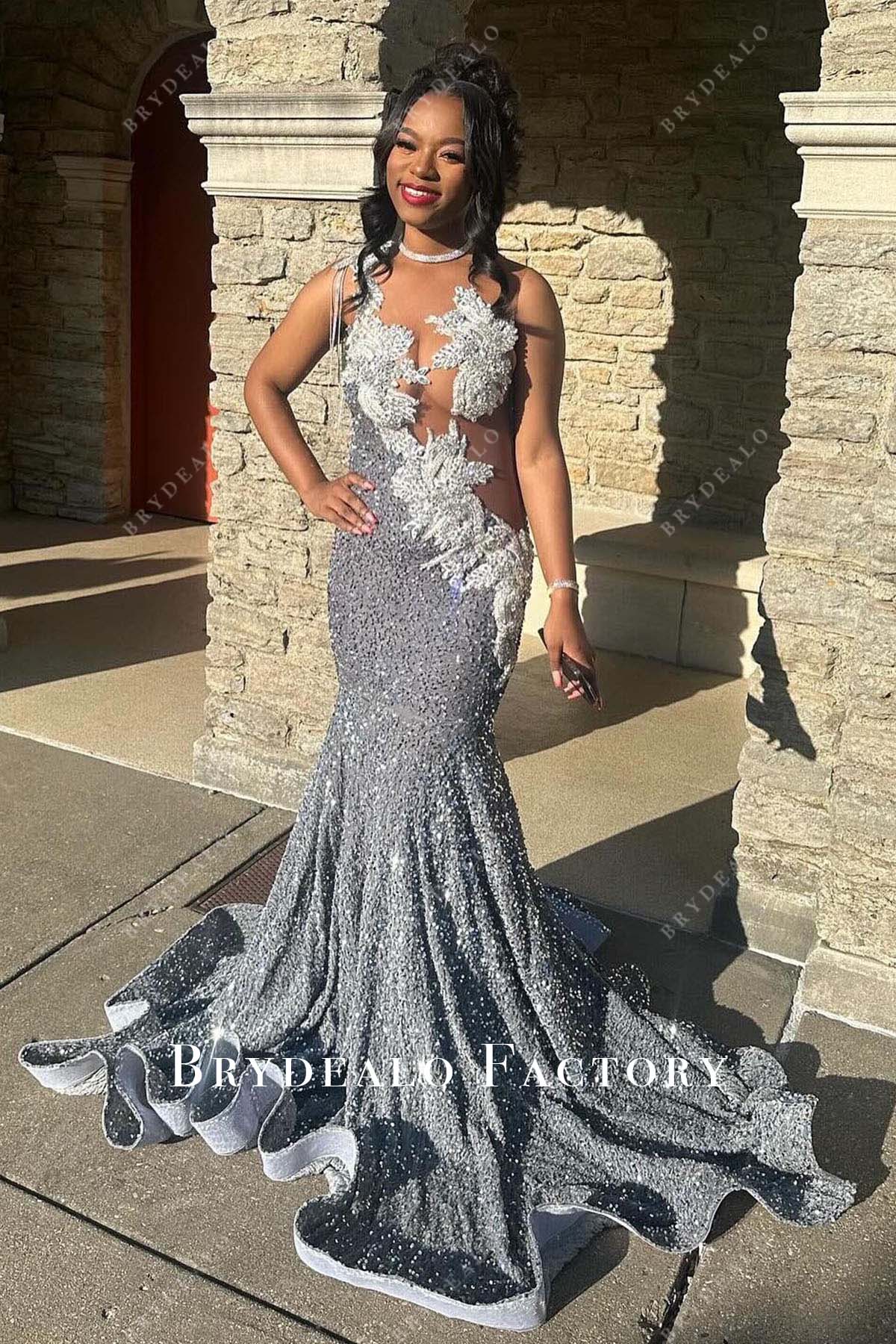 rhinestones sheer bodice trumpet prom dress