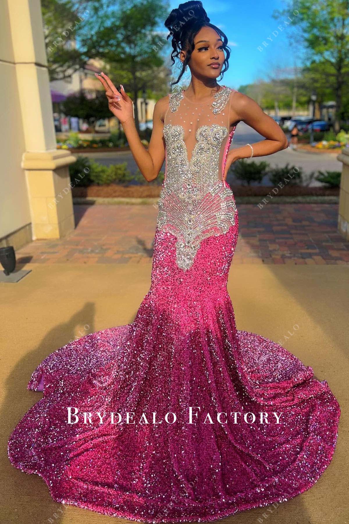 rhinestones sheer bodice trumpet prom dress