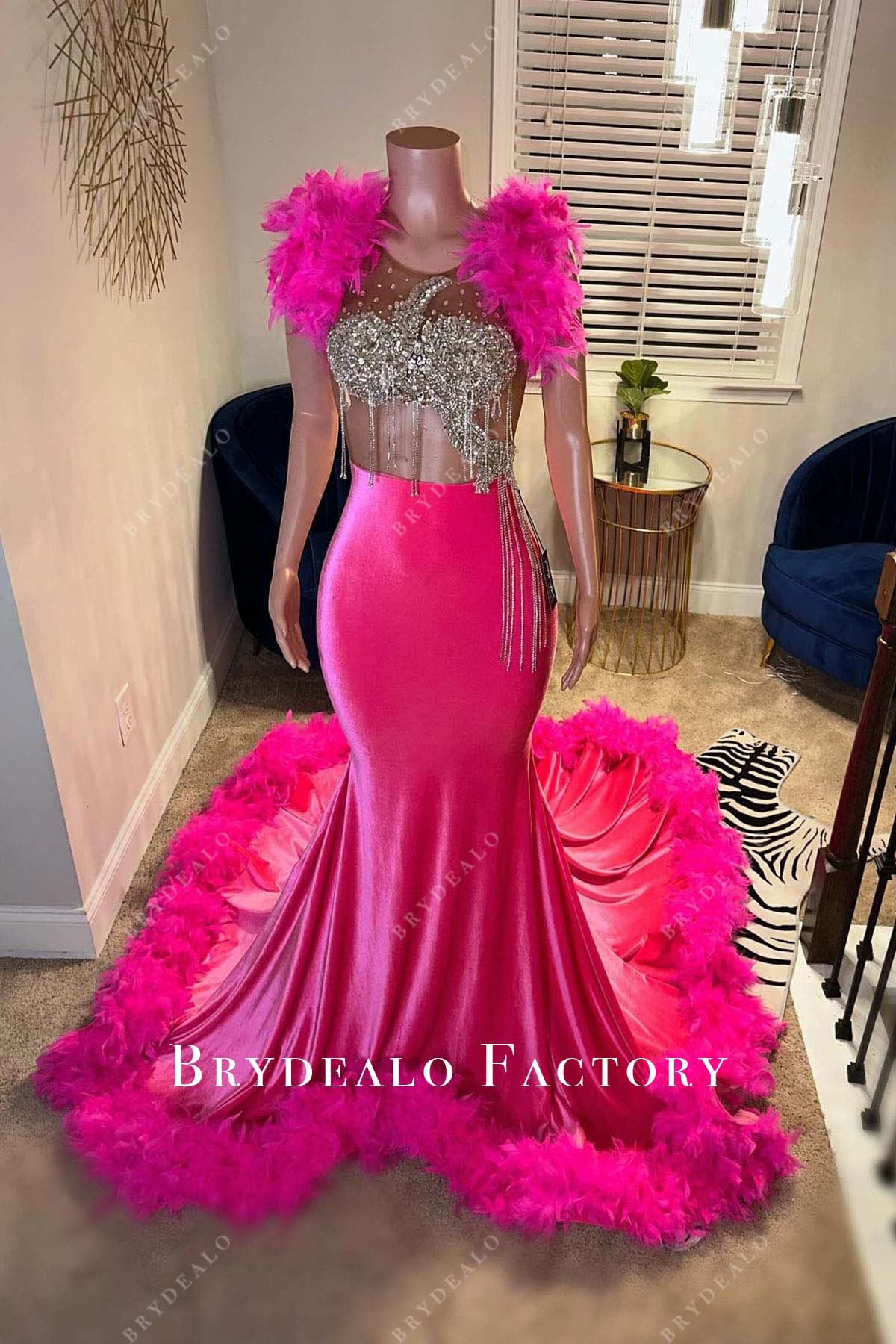 Sparkly Rhinestones Hot Pink Mermaid Long Train Prom Dress