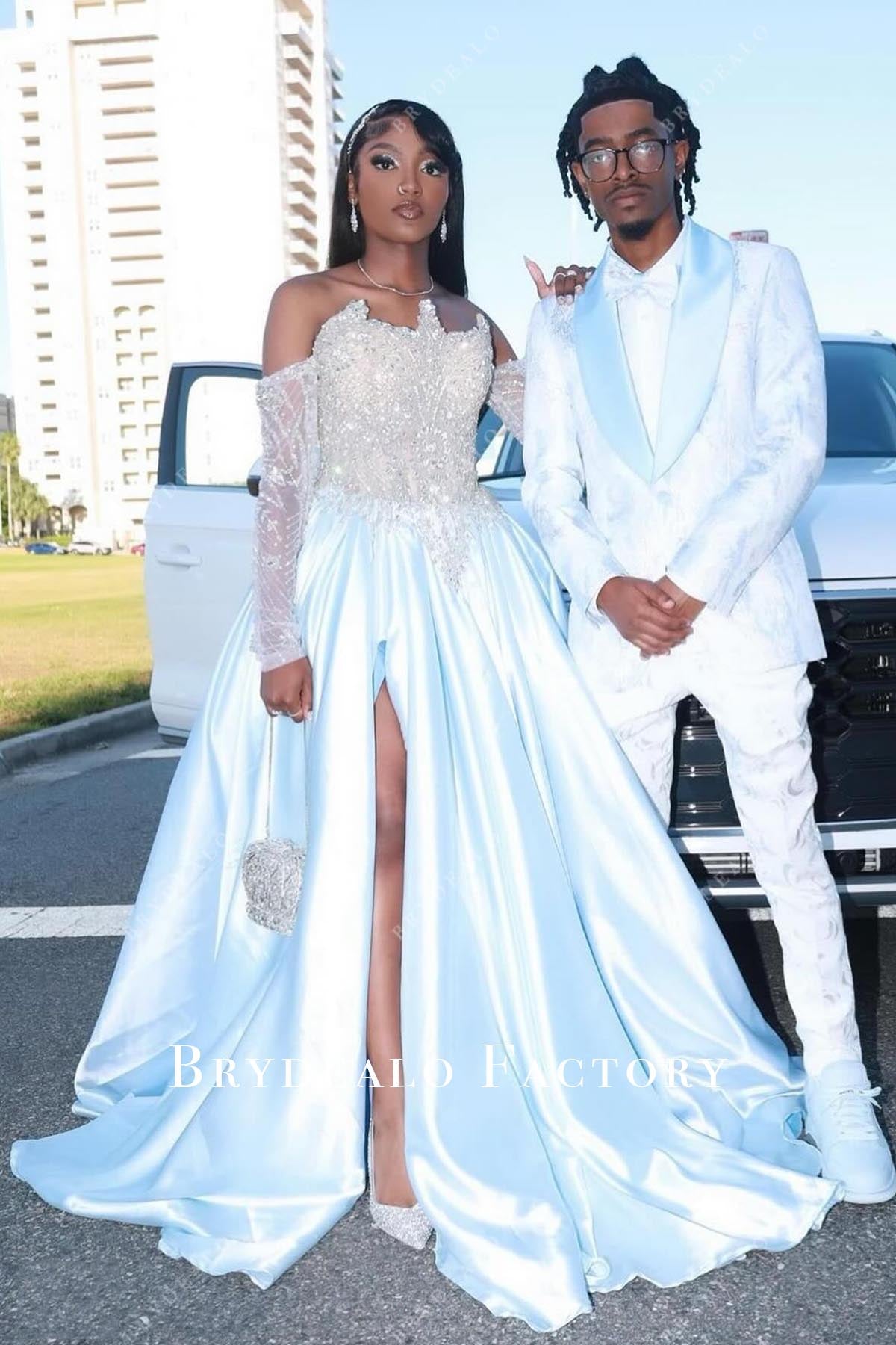 rhinestones sky blue slit prom dress