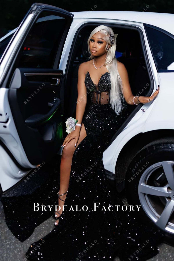 Beaded Corset Black Satin Slit Train Prom Dress main image 0