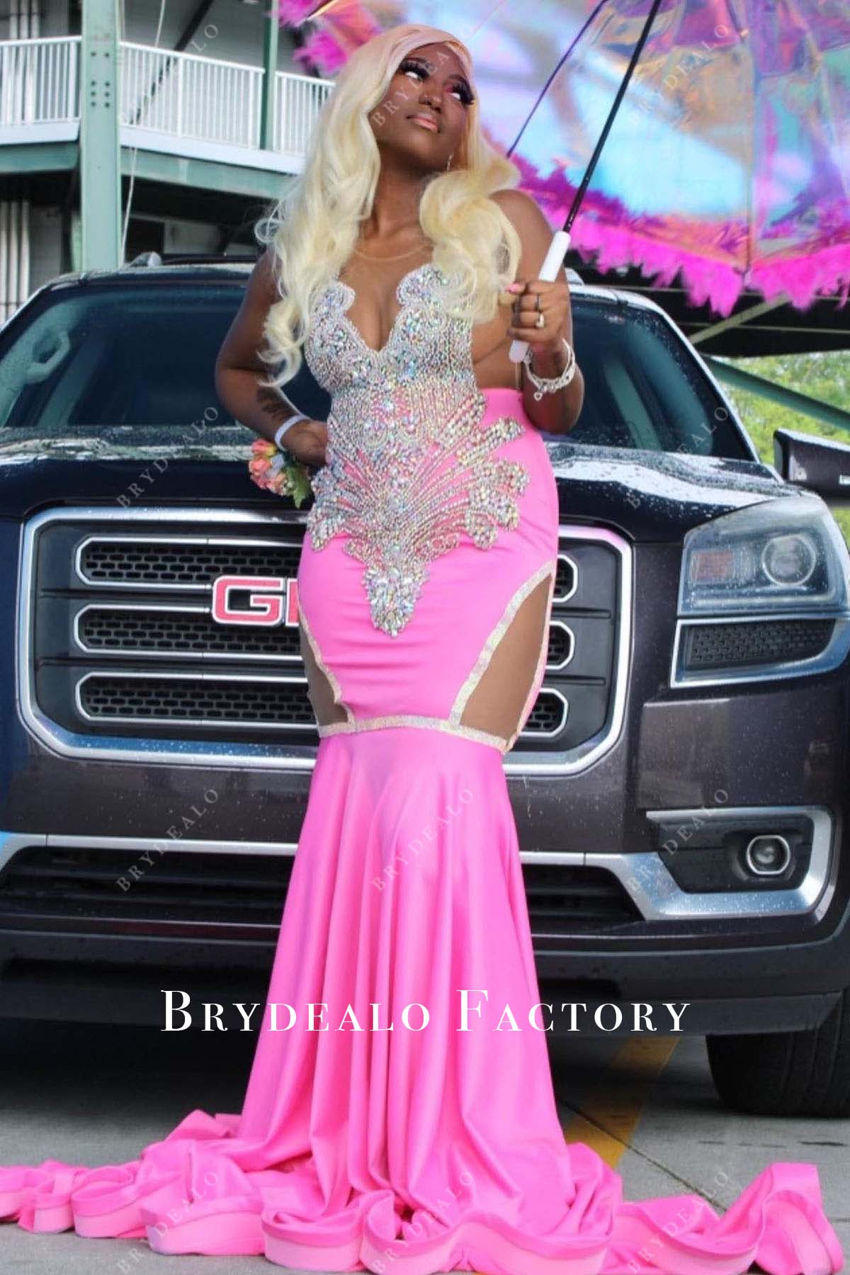 rhinestones sleeveless hot pink trumpet long train prom dress