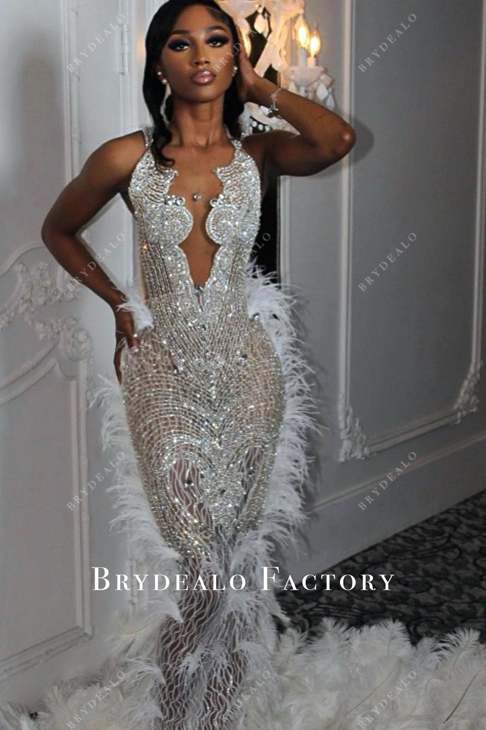 Prom Dress | Rhinestones White Feather Trumpet Long Train Formal Gown